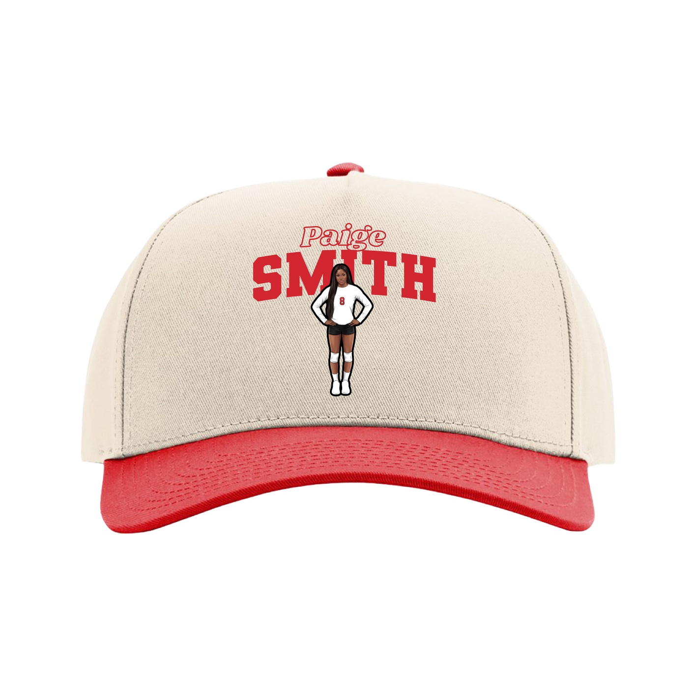 Full Fabric Five-Panel Champ Cap — Name Arch in Cream/Red