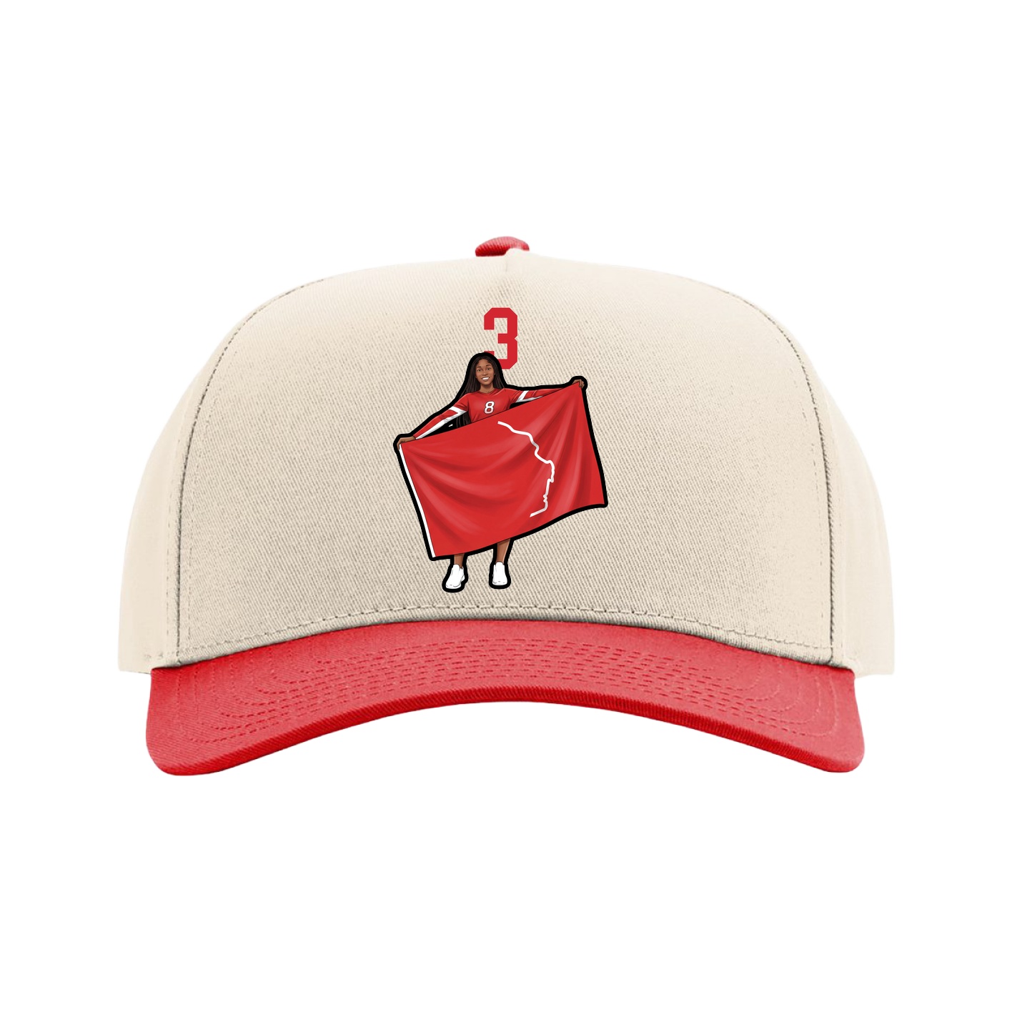 Full Fabric Five-Panel Champ Cap — Number Top in Cream/Red