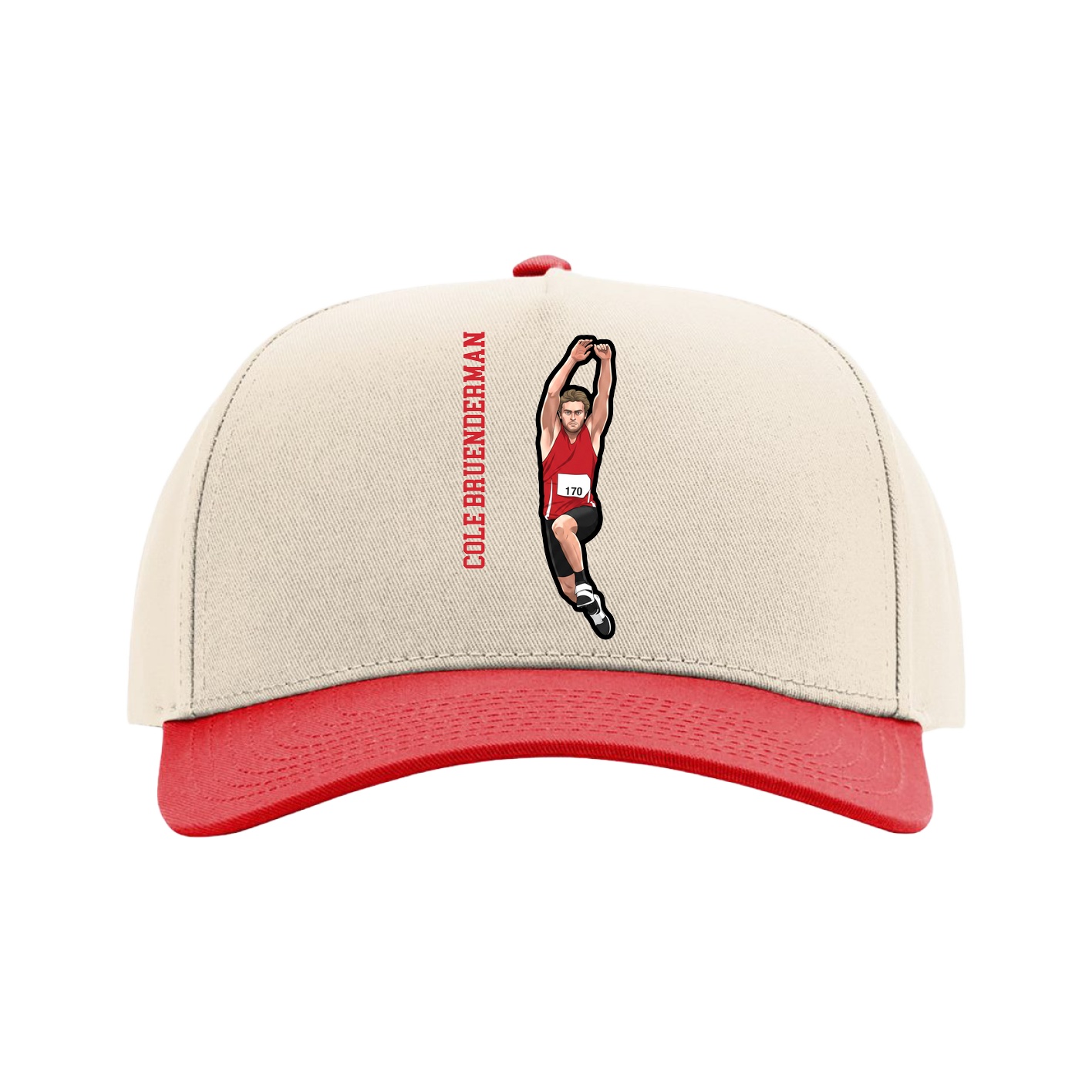 Full Fabric Five-Panel Champ Cap — Name Vertical in Cream/Red