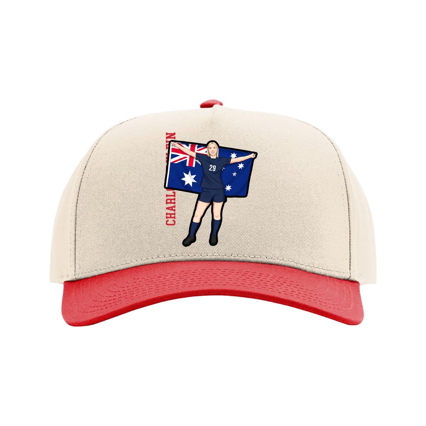 Full Fabric Five-Panel Champ Cap — Name Vertical in Cream/Red