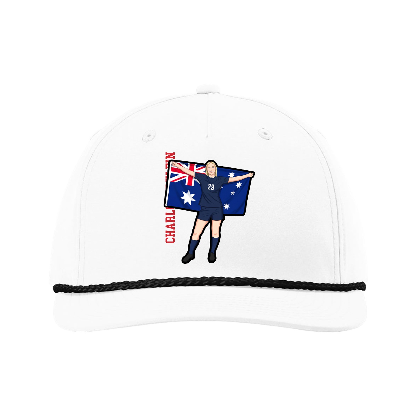 Five-Panel Classic Rope Cap — Name Vertical in White