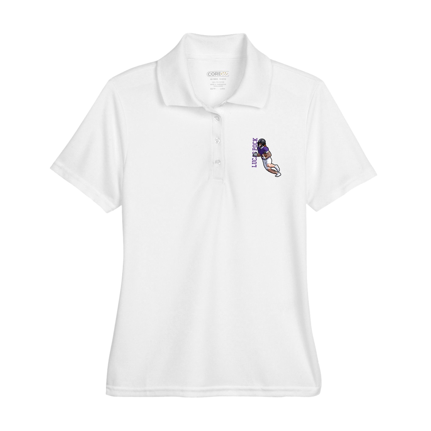 Womens Performance Polo — Name Vertical in White