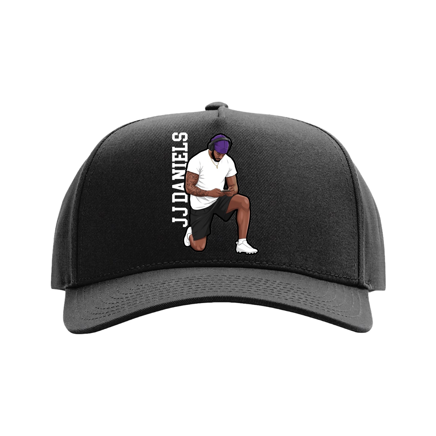Full Fabric Five-Panel Champ Cap — Name Vertical in Black