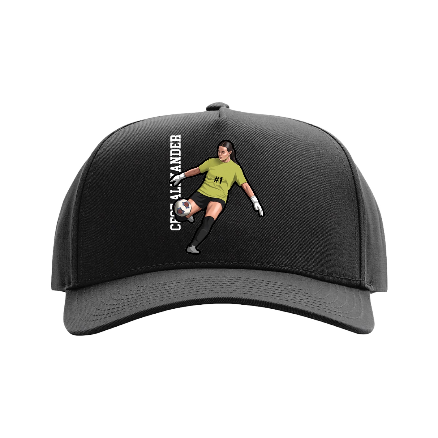 Full Fabric Five-Panel Champ Cap — Name Vertical in Black