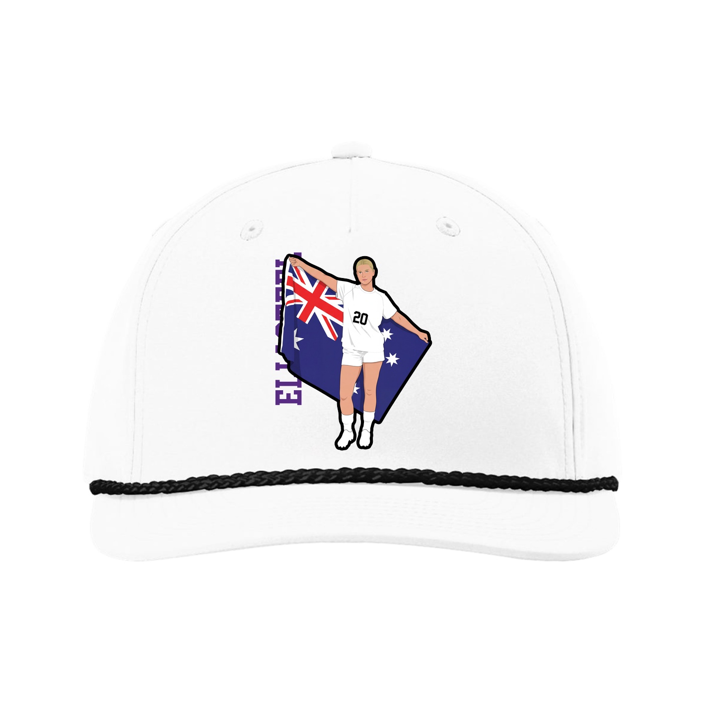 Five-Panel Classic Rope Cap — Name Vertical in White