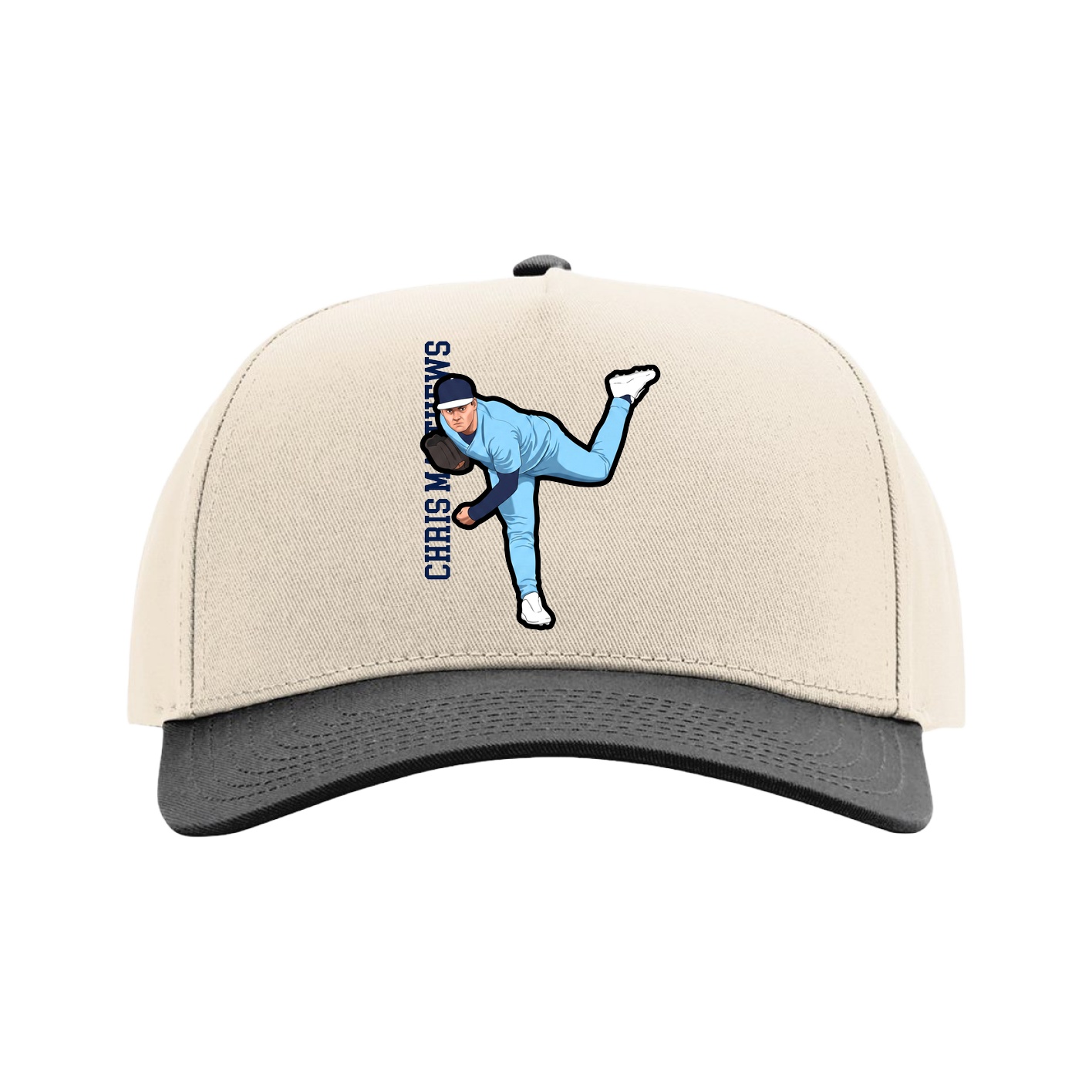 Full Fabric Five-Panel Champ Cap — Name Vertical in Cream/Black