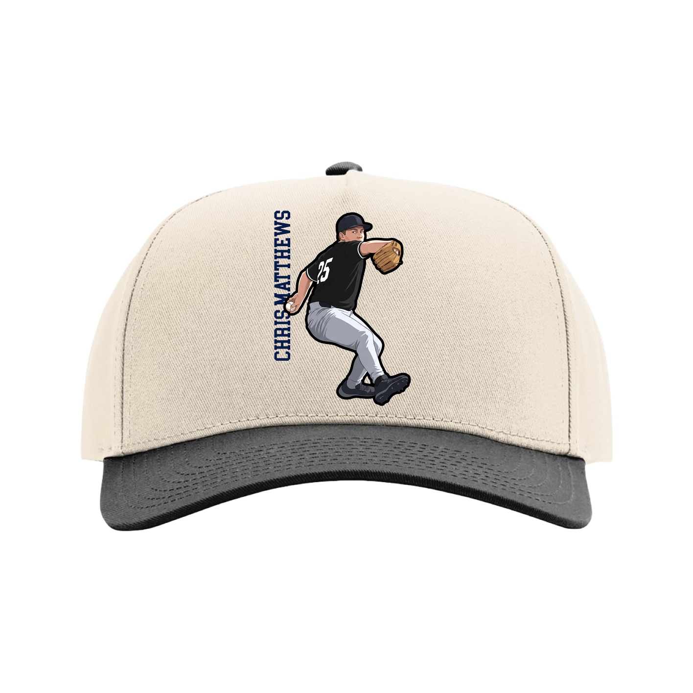 Full Fabric Five-Panel Champ Cap — Name Vertical in Cream/Black