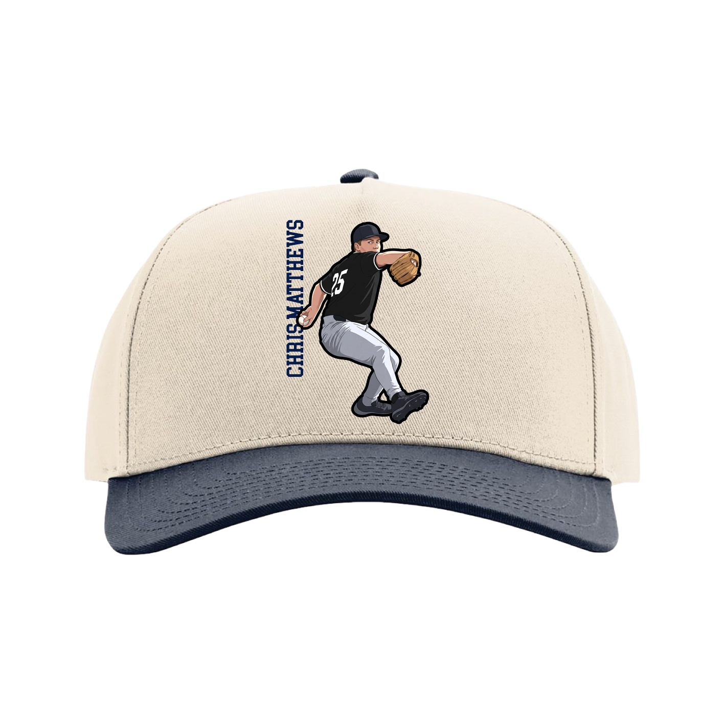 Full Fabric Five-Panel Champ Cap — Name Vertical in Cream/Navy