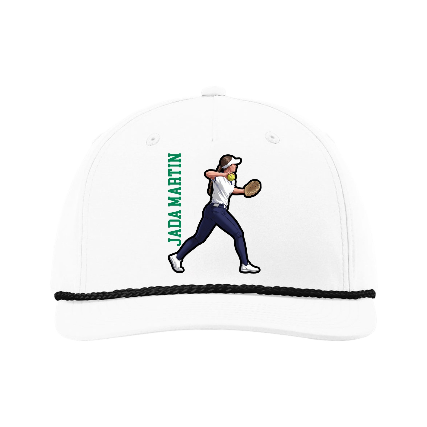 Five-Panel Classic Rope Cap — Name Vertical in White