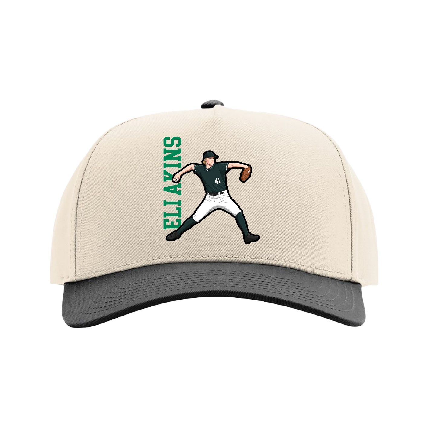 Full Fabric Five-Panel Champ Cap — Name Vertical in Cream/Black