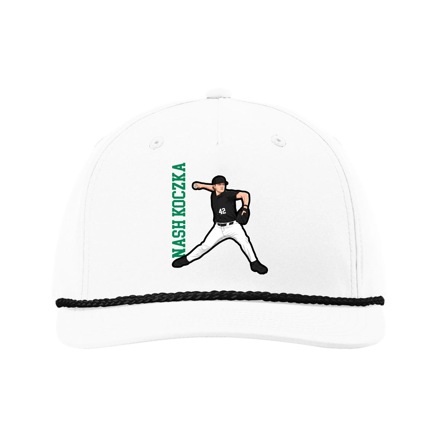 Five-Panel Classic Rope Cap — Name Vertical in White