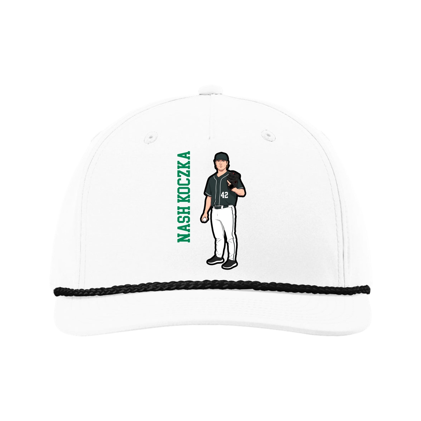 Five-Panel Classic Rope Cap — Name Vertical in White