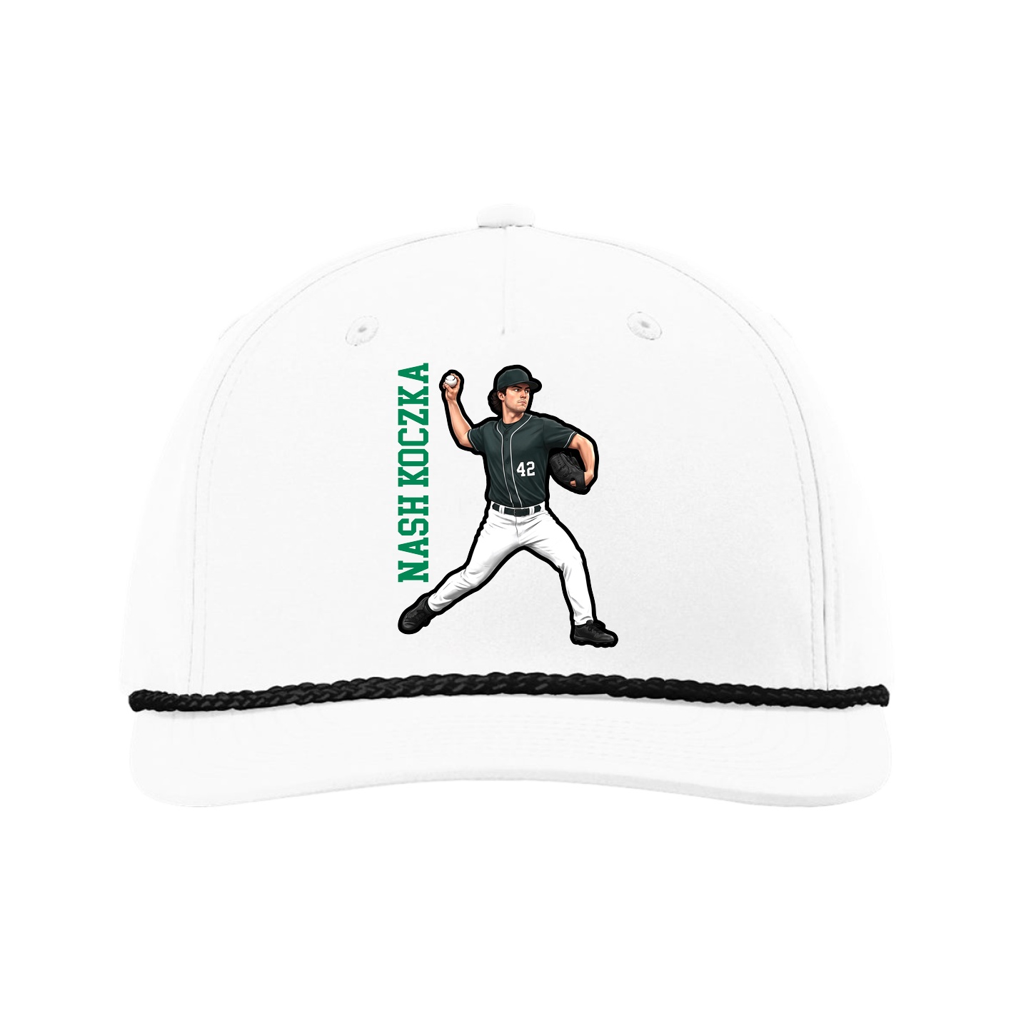 Five-Panel Classic Rope Cap — Name Vertical in White