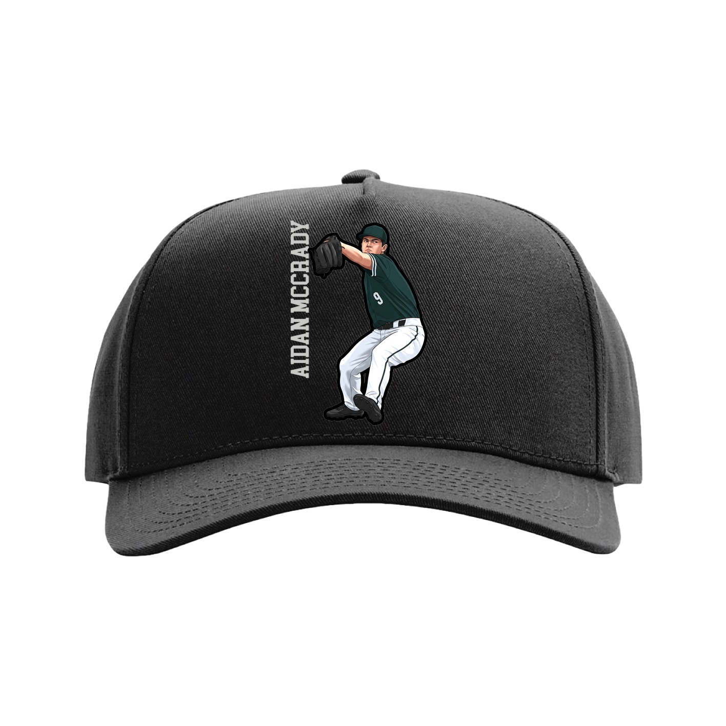 Full Fabric Five-Panel Champ Cap — Name Vertical in Black