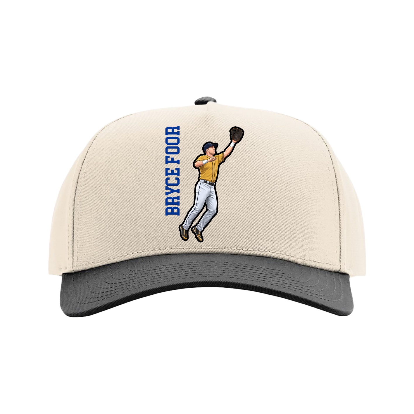 Full Fabric Five-Panel Champ Cap — Name Vertical in Cream/Black