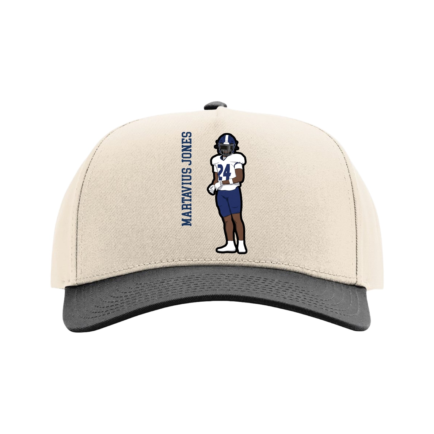 Full Fabric Five-Panel Champ Cap — Name Vertical in Cream/Black
