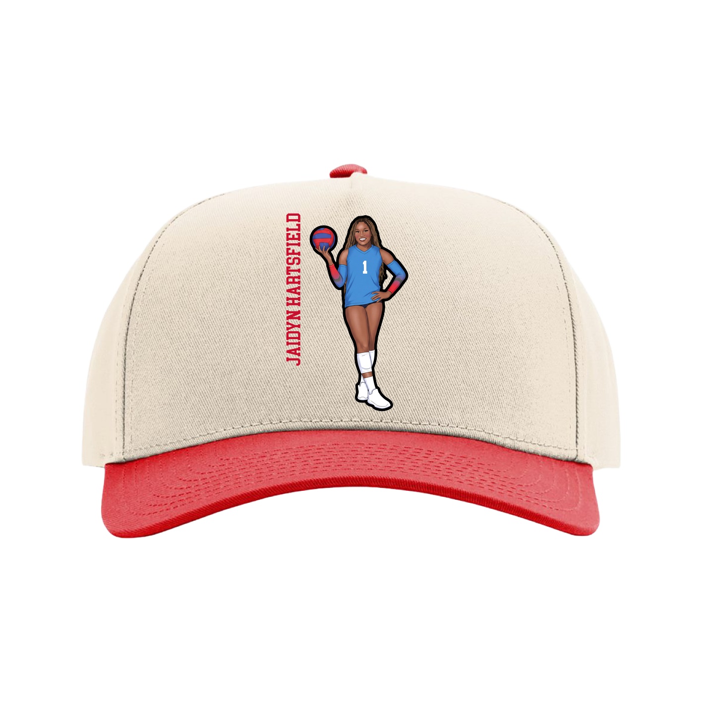 Full Fabric Five-Panel Champ Cap — Name Vertical in Cream/Red