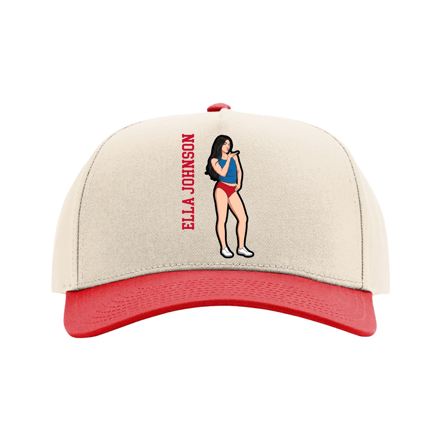 Full Fabric Five-Panel Champ Cap — Name Vertical in Cream/Red