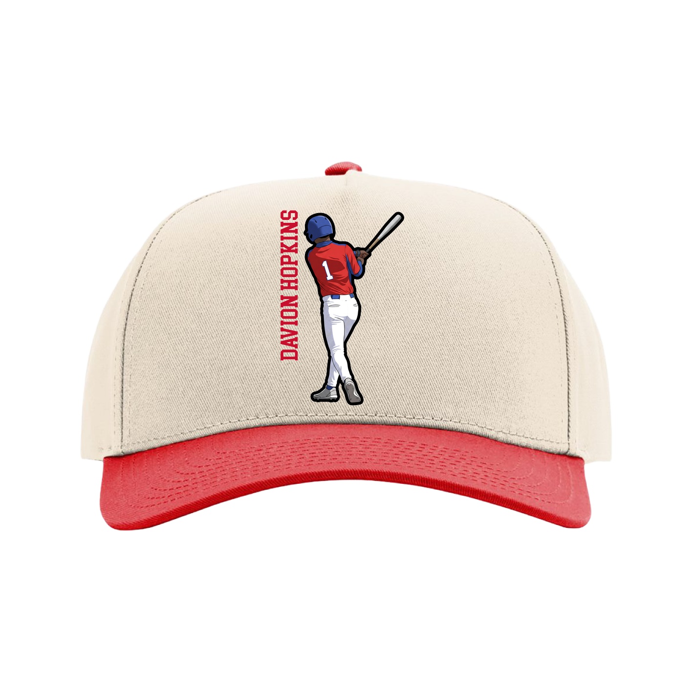 Full Fabric Five-Panel Champ Cap — Name Vertical in Cream/Red