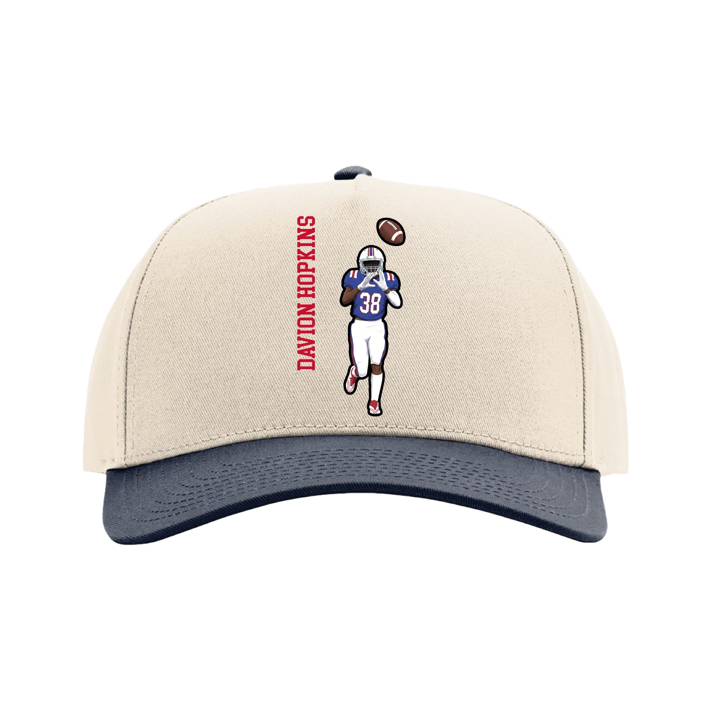 Full Fabric Five-Panel Champ Cap — Name Vertical in Cream/Navy