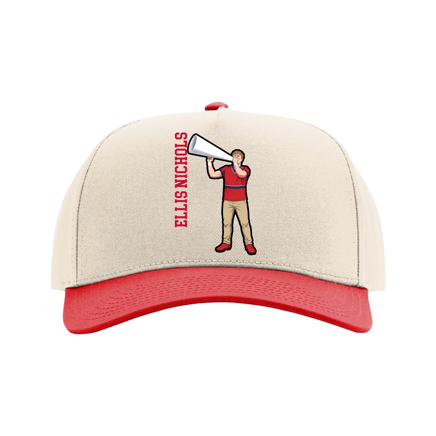 Full Fabric Five-Panel Champ Cap — Name Vertical in Cream/Red