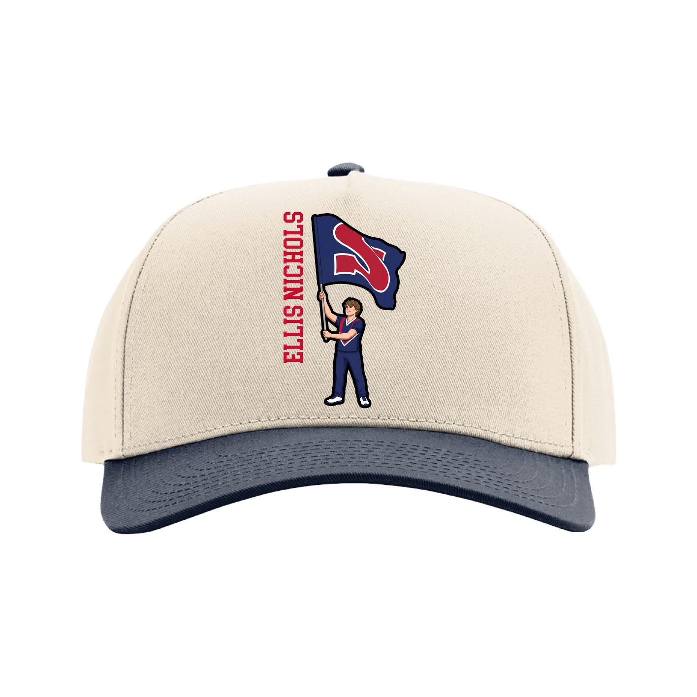Full Fabric Five-Panel Champ Cap — Name Vertical in Cream/Navy