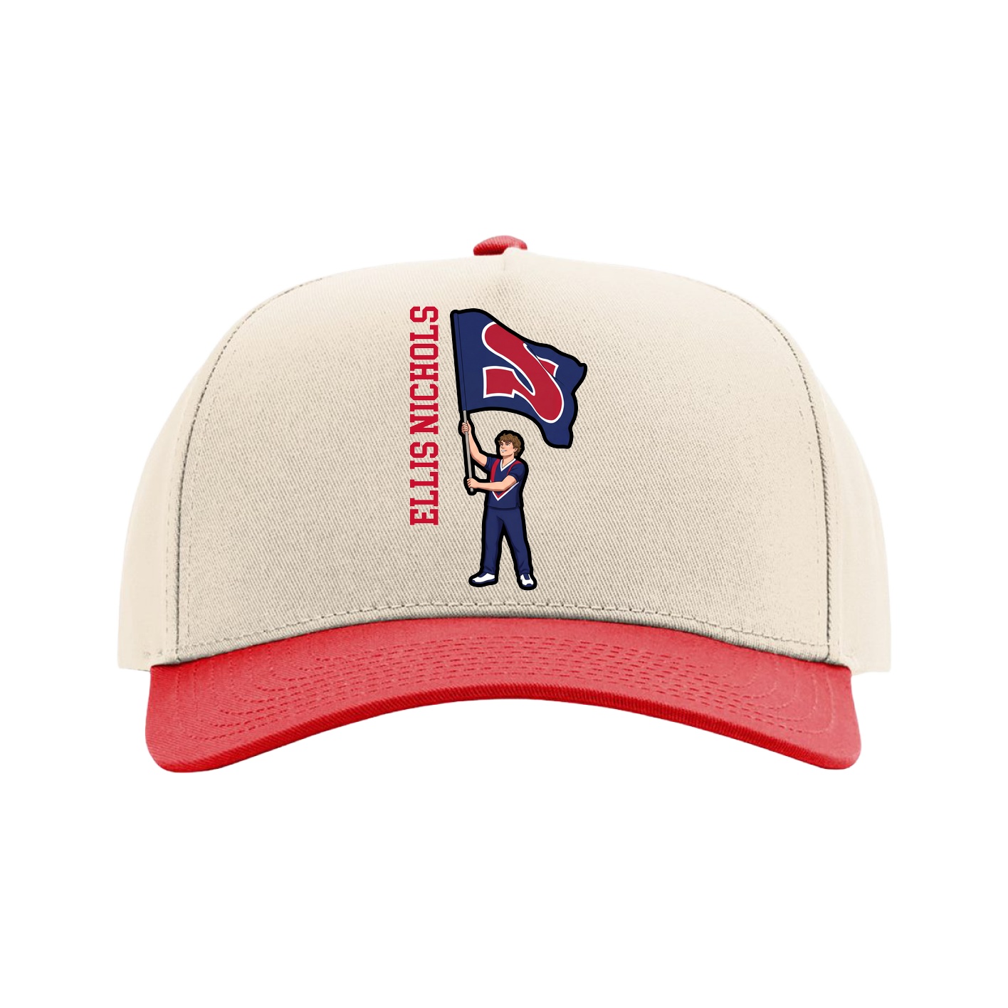 Full Fabric Five-Panel Champ Cap — Name Vertical in Cream/Red