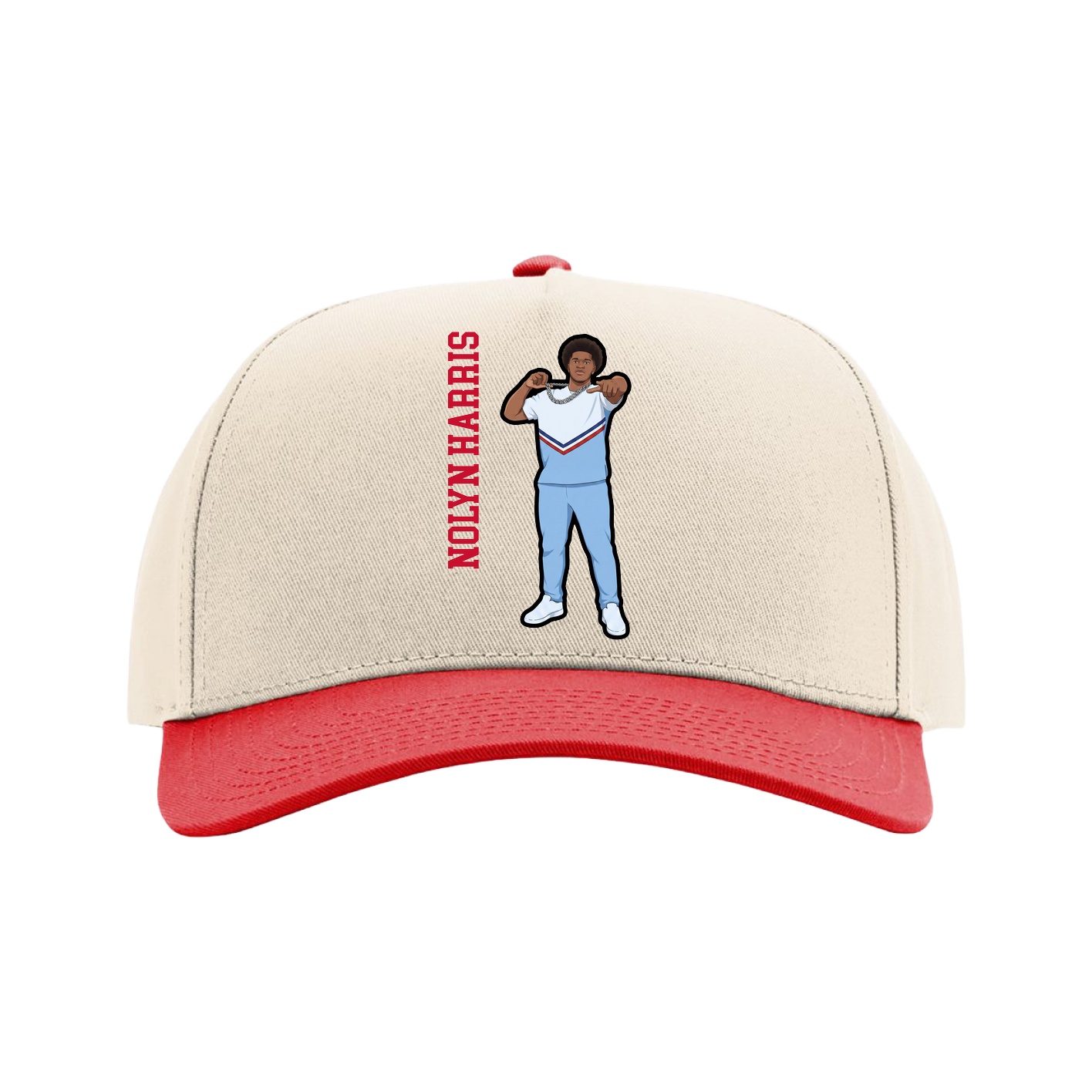 Full Fabric Five-Panel Champ Cap — Name Vertical in Cream/Red