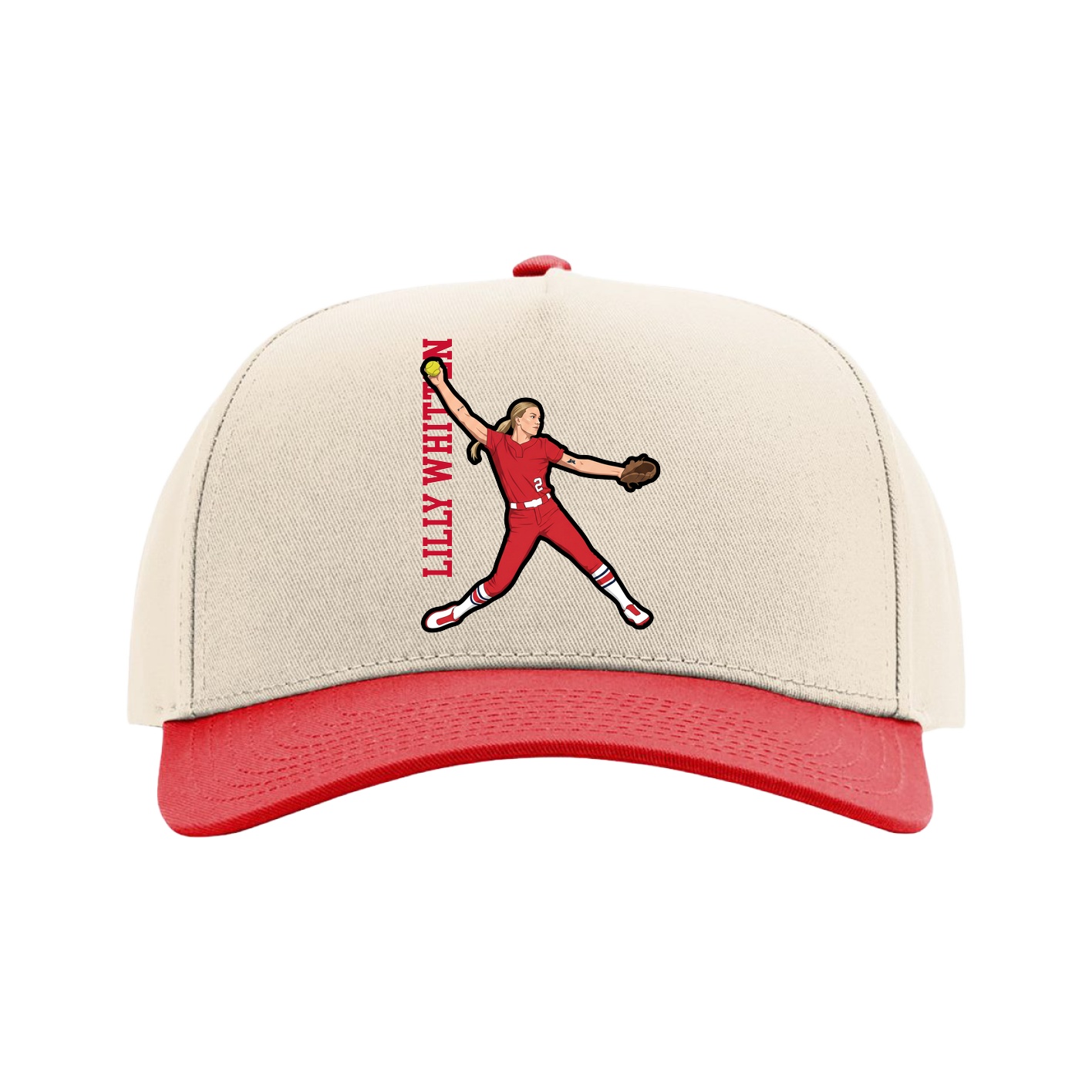 Full Fabric Five-Panel Champ Cap — Name Vertical in Cream/Red