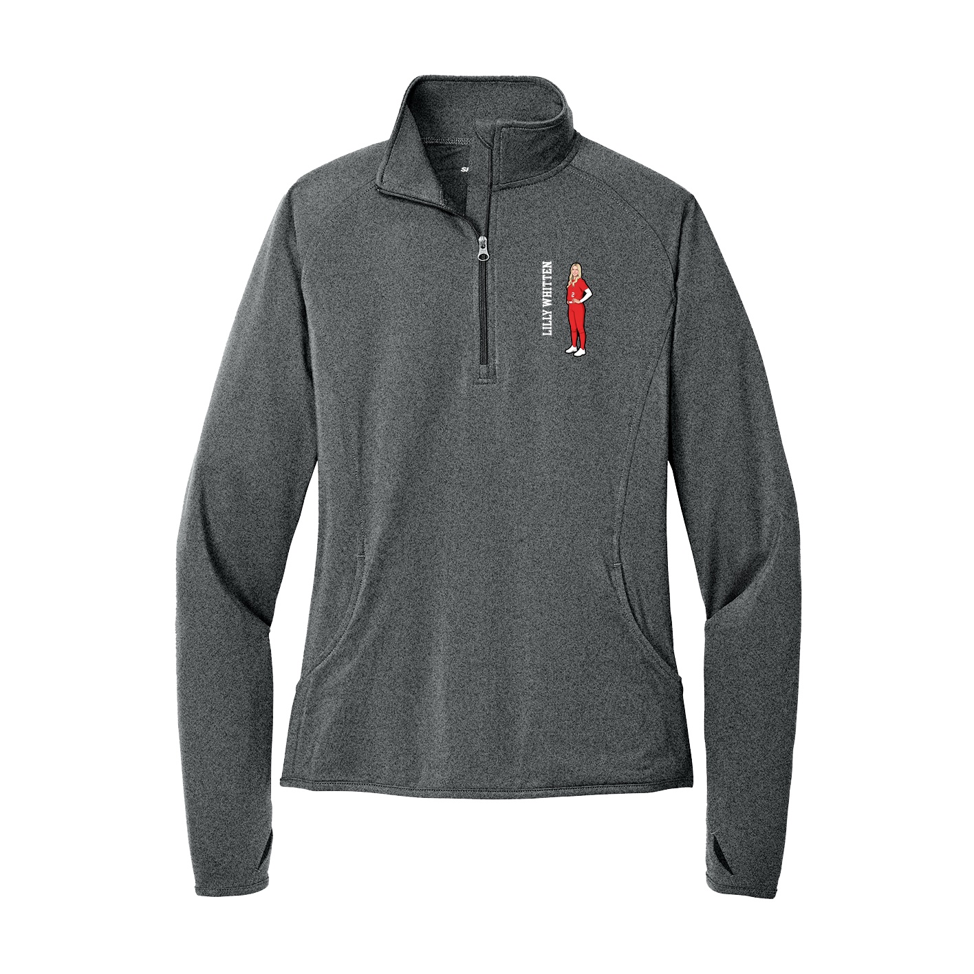 Women's Q-Zip Pullover — Name Vertical in Grey