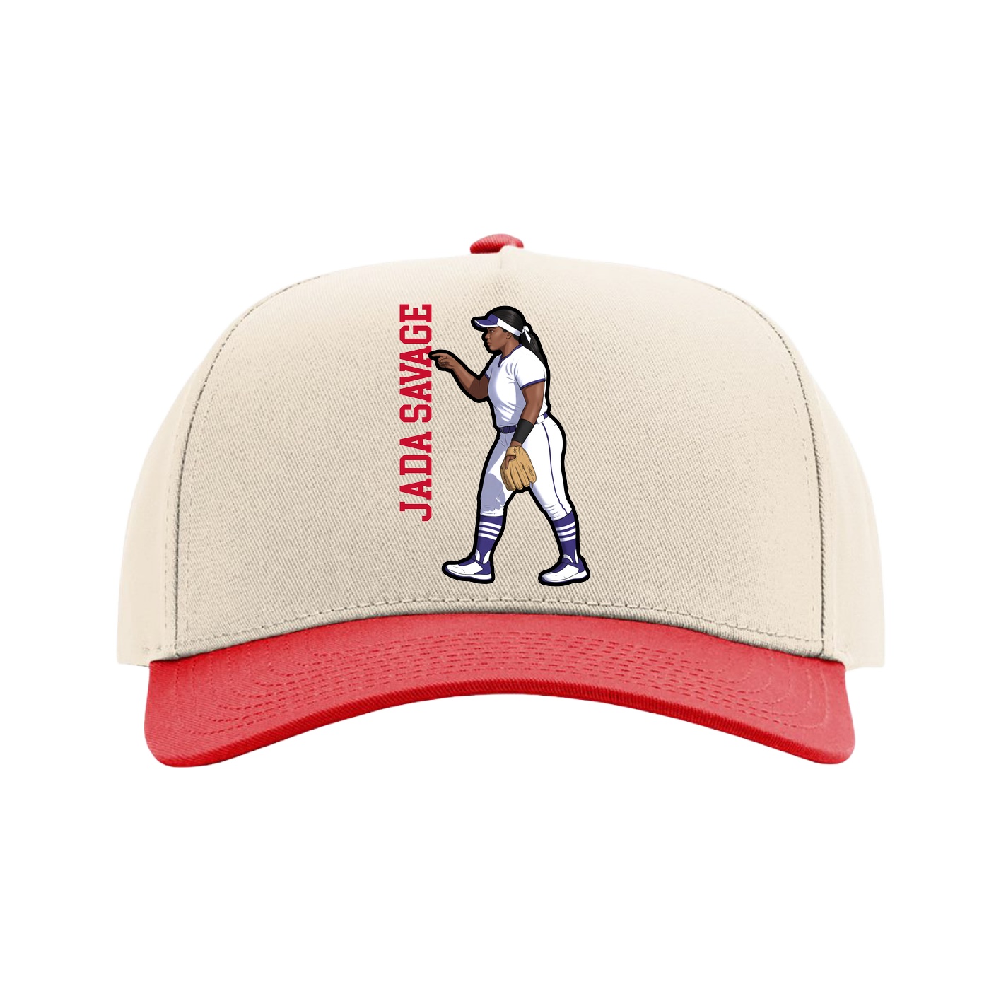 Full Fabric Five-Panel Champ Cap — Name Vertical in Cream/Red