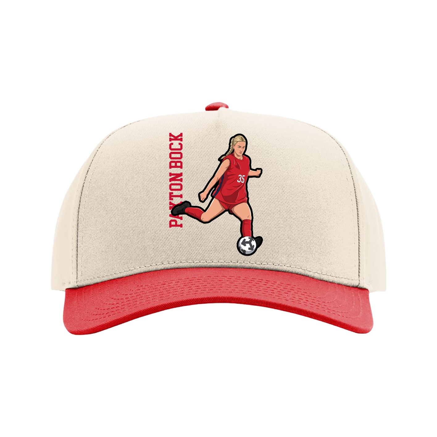 Full Fabric Five-Panel Champ Cap — Name Vertical in Cream/Red
