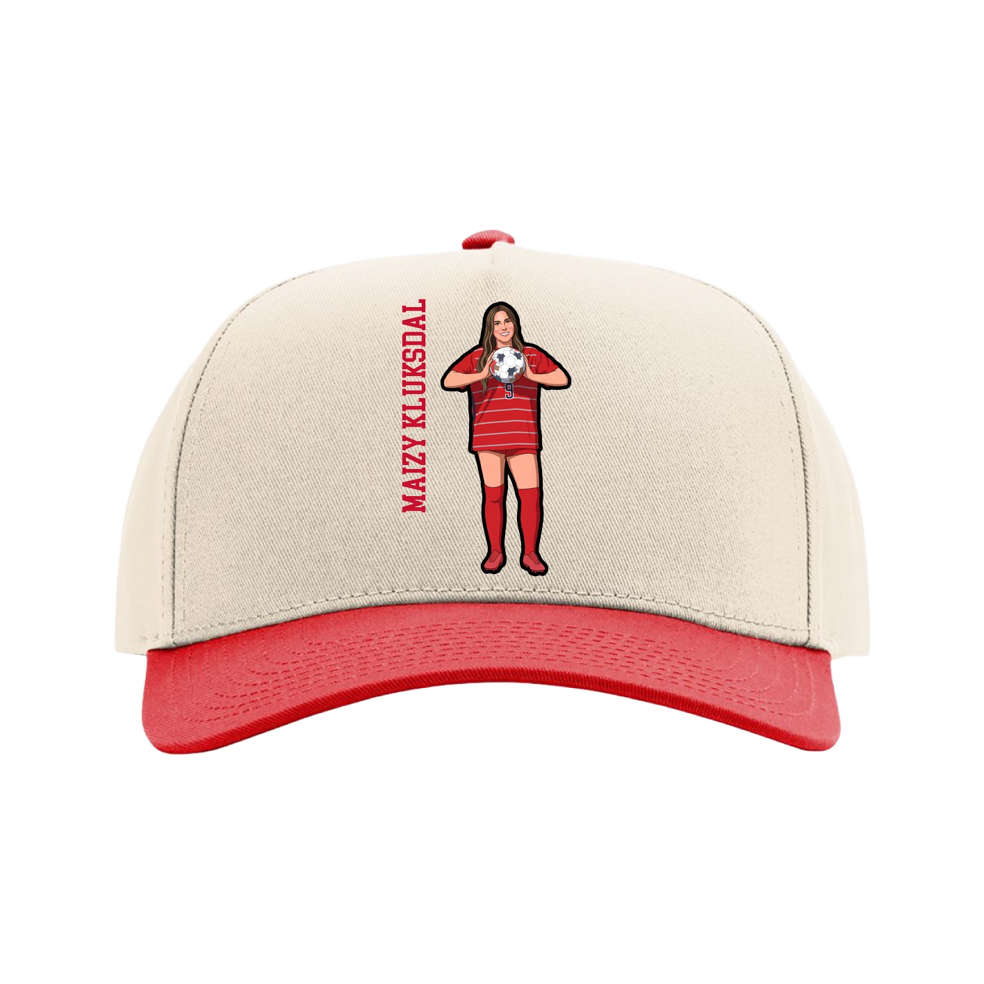 Full Fabric Five-Panel Champ Cap — Name Vertical in Cream/Red