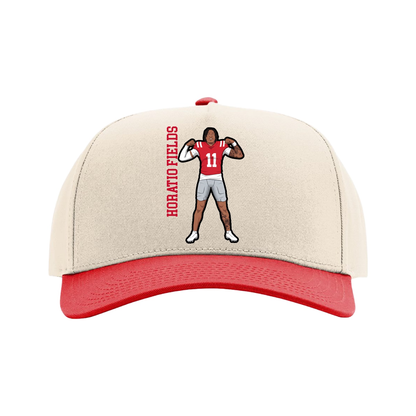 Full Fabric Five-Panel Champ Cap — Name Vertical in Cream/Red
