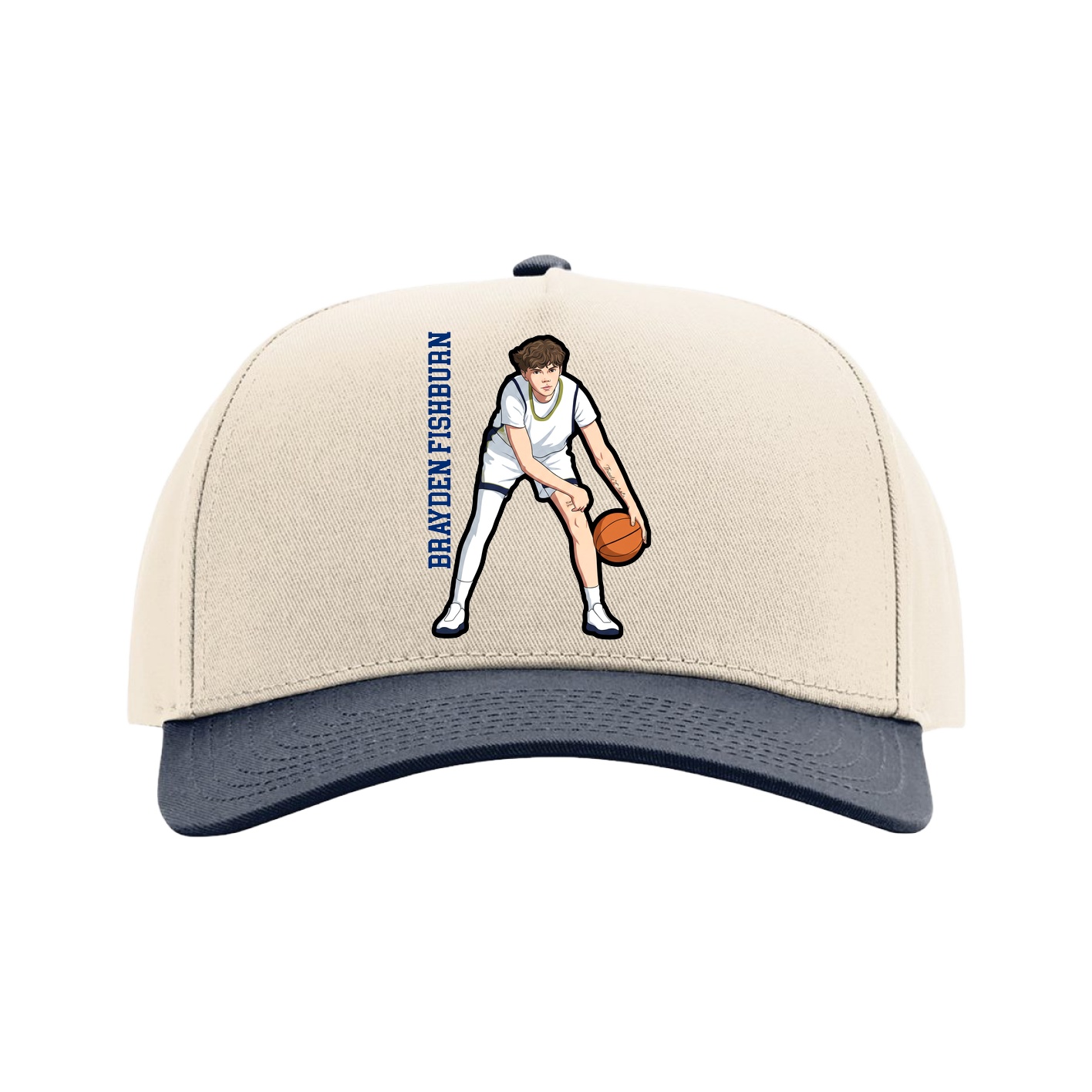 Full Fabric Five-Panel Champ Cap — Name Vertical in Cream/Navy