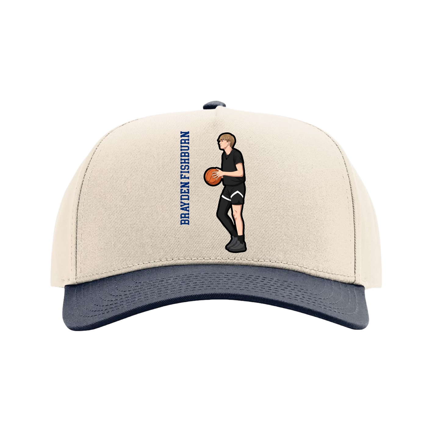 Full Fabric Five-Panel Champ Cap — Name Vertical in Cream/Navy