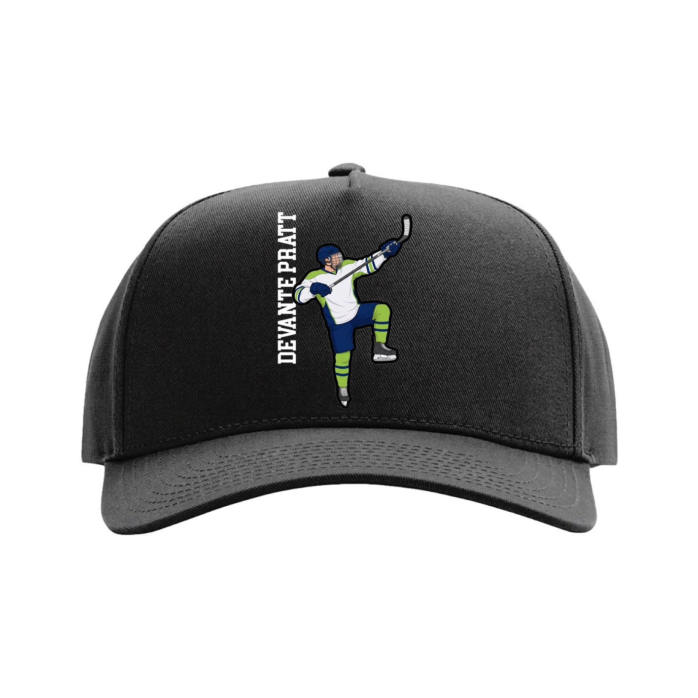 Full Fabric Five-Panel Champ Cap — Name Vertical in Black
