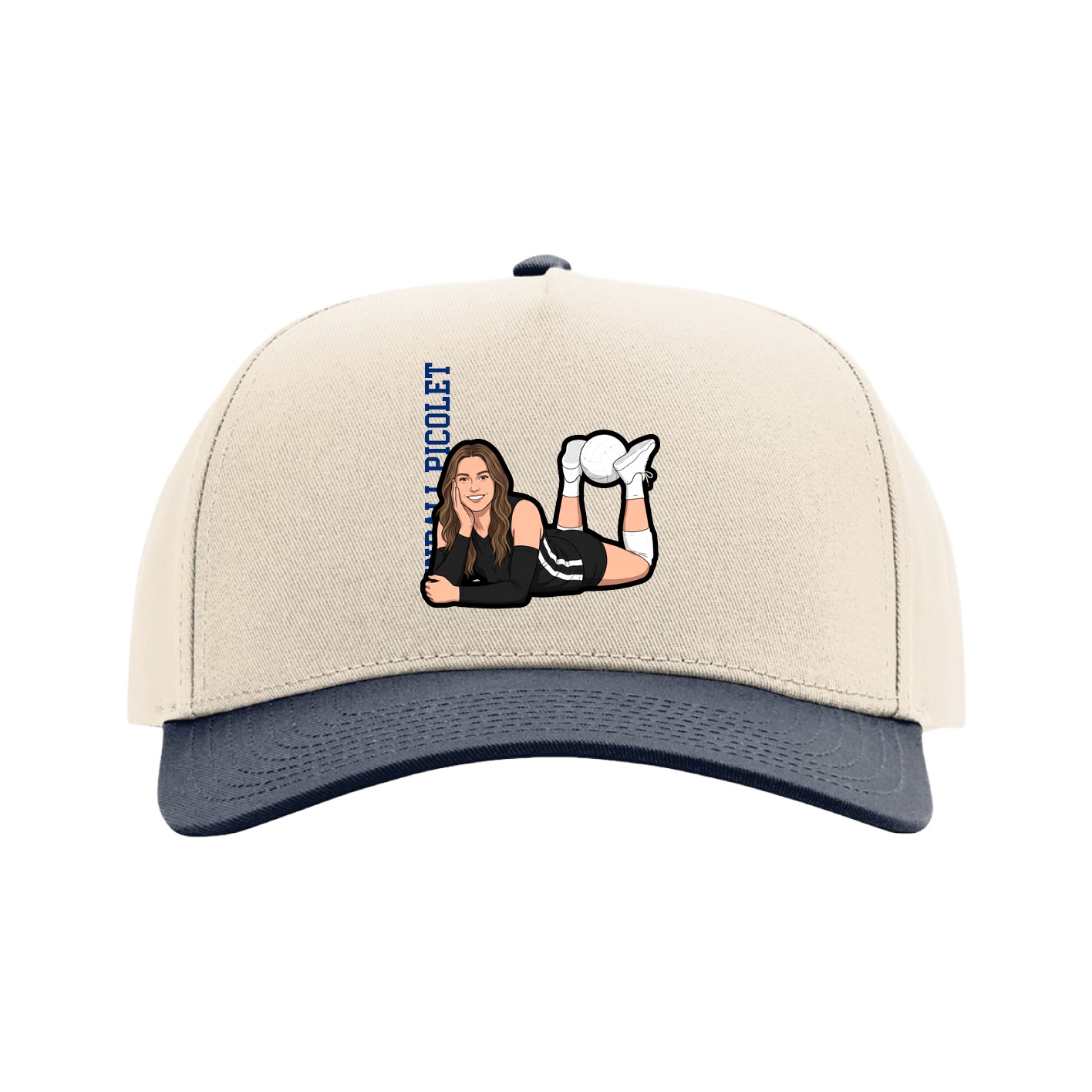 Full Fabric Five-Panel Champ Cap — Name Vertical in Cream/Navy