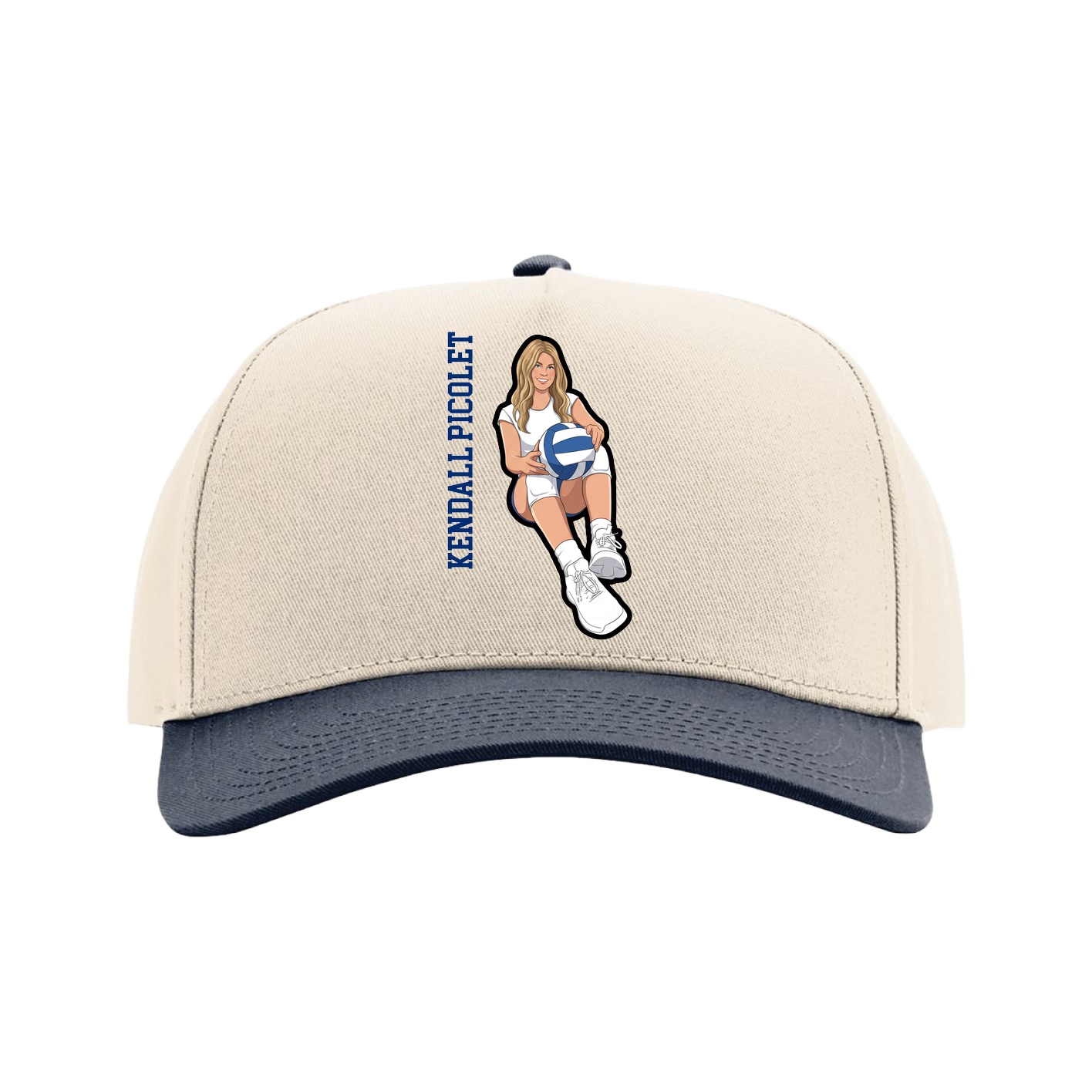 Full Fabric Five-Panel Champ Cap — Name Vertical in Cream/Navy