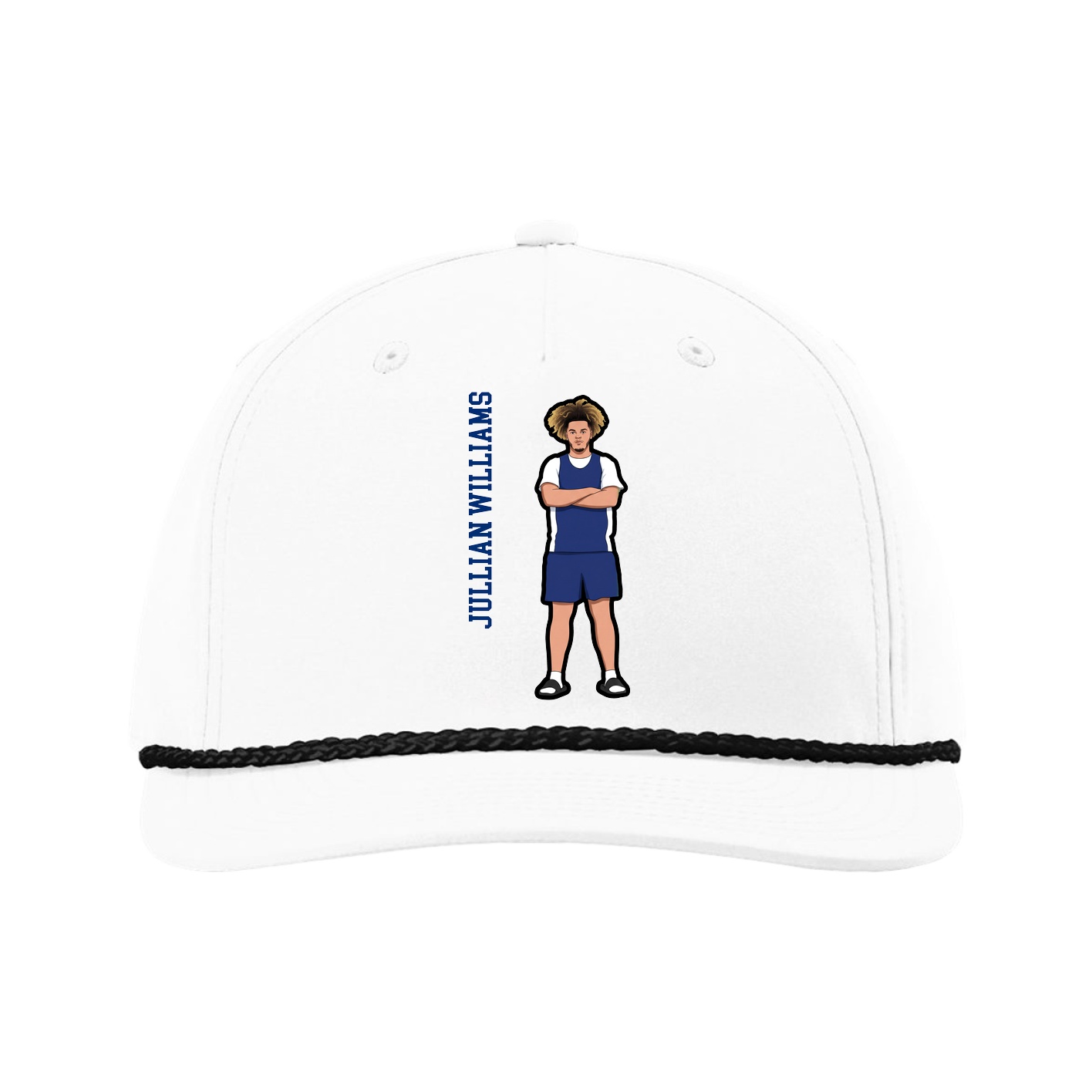 Five-Panel Classic Rope Cap — Name Vertical in White