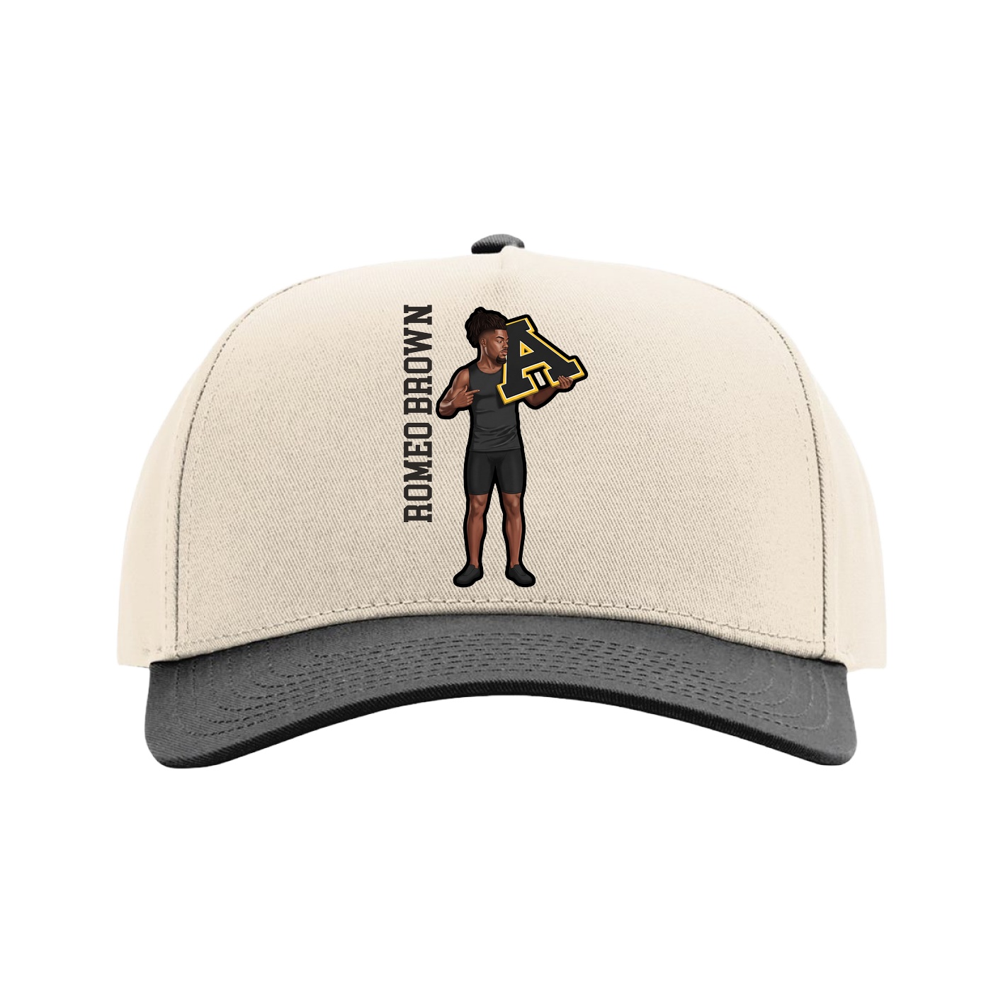 Full Fabric Five-Panel Champ Cap — Name Vertical in Cream/Black