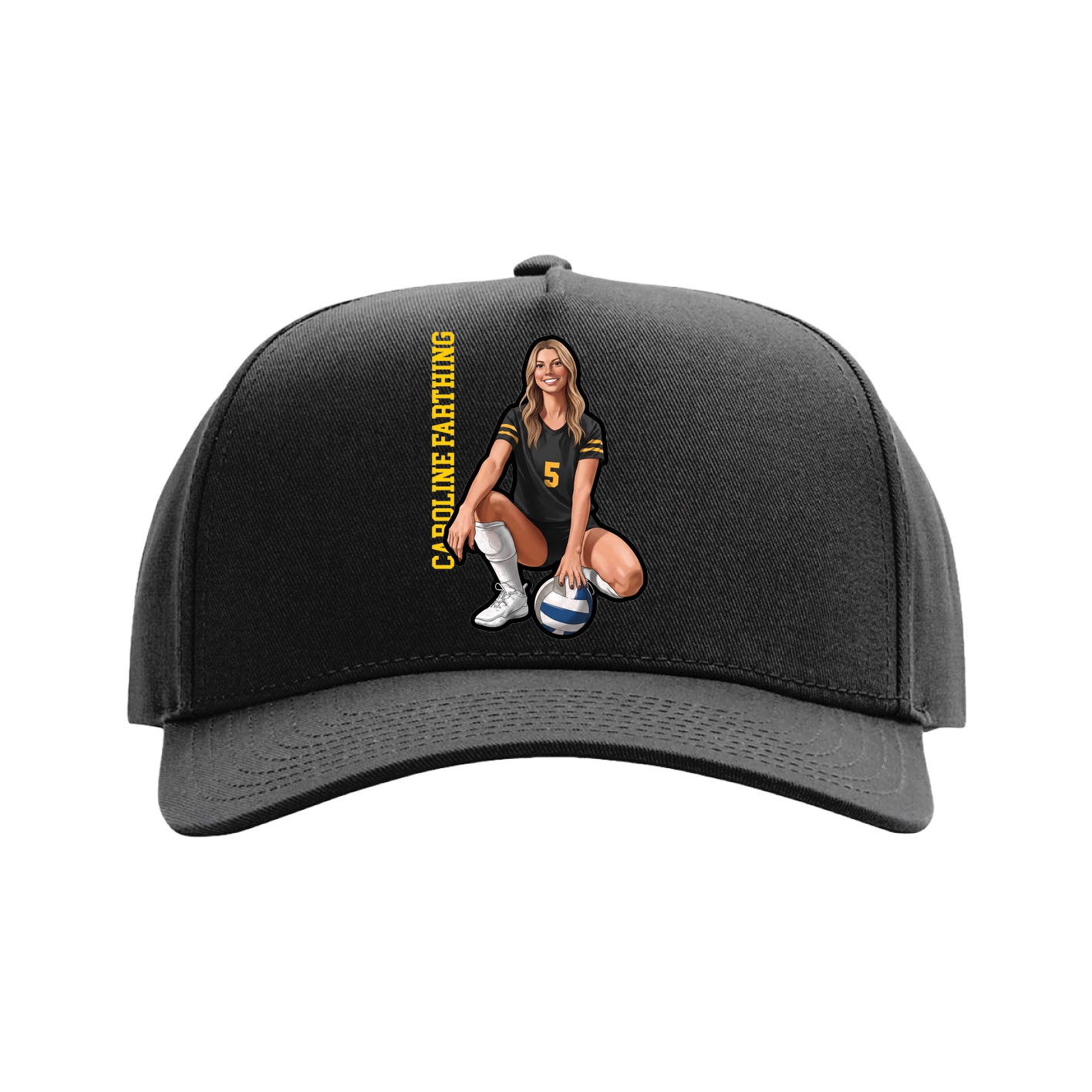Full Fabric Five-Panel Champ Cap — Name Vertical in Black
