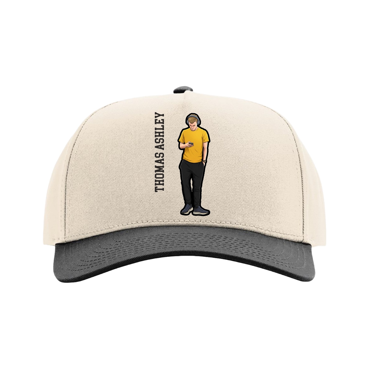 Full Fabric Five-Panel Champ Cap — Name Vertical in Cream/Black