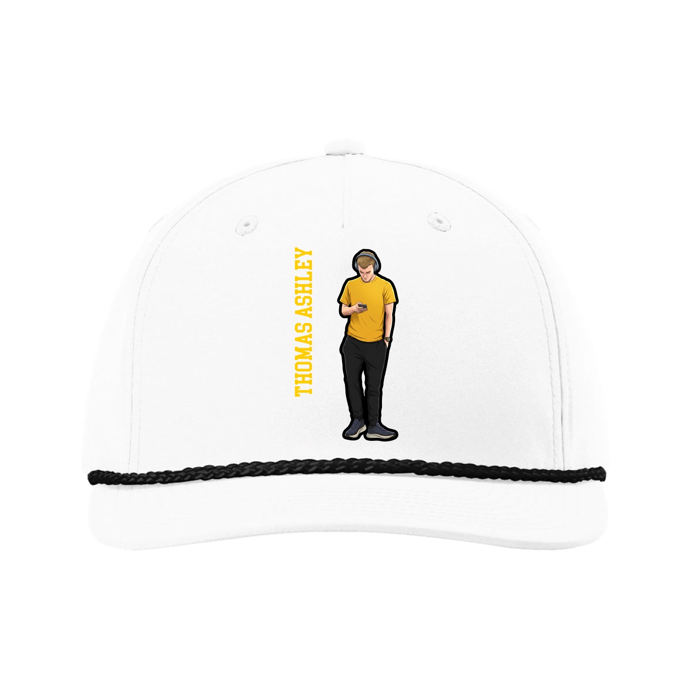 Five-Panel Classic Rope Cap — Name Vertical in White