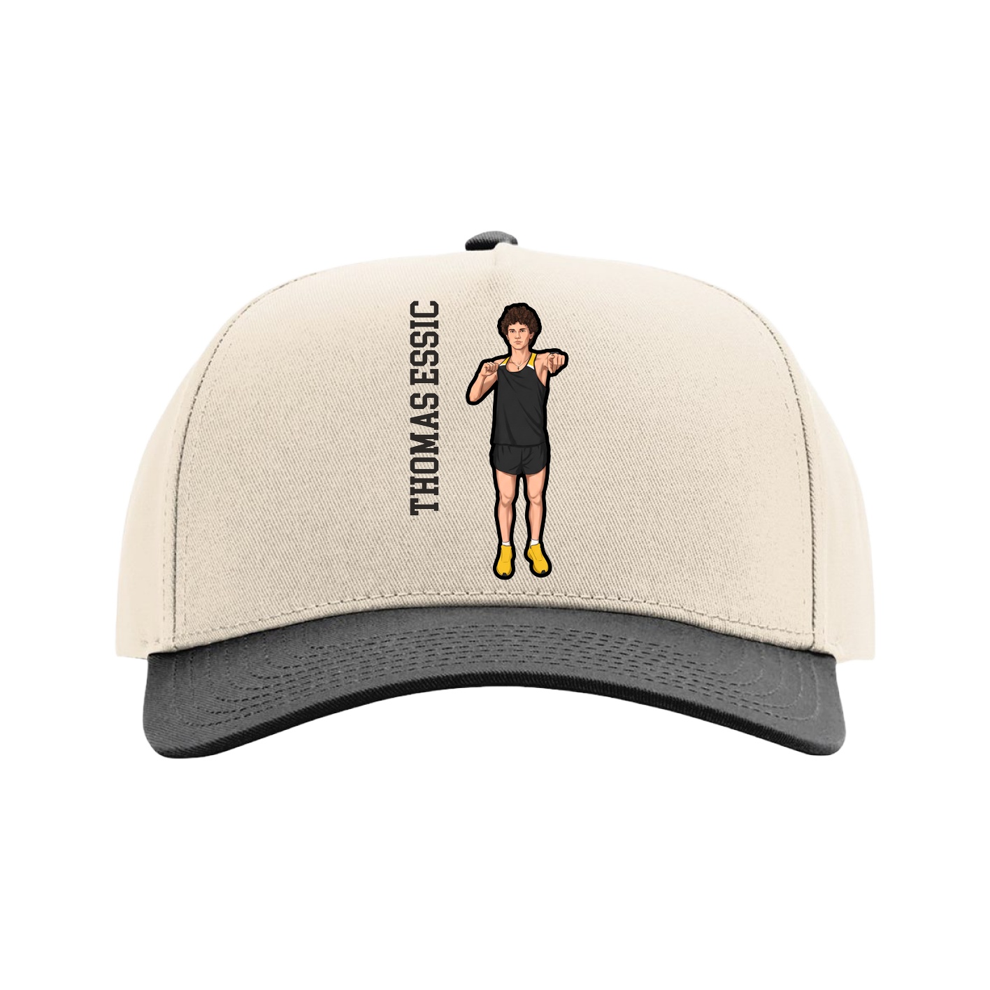 Full Fabric Five-Panel Champ Cap — Name Vertical in Cream/Black