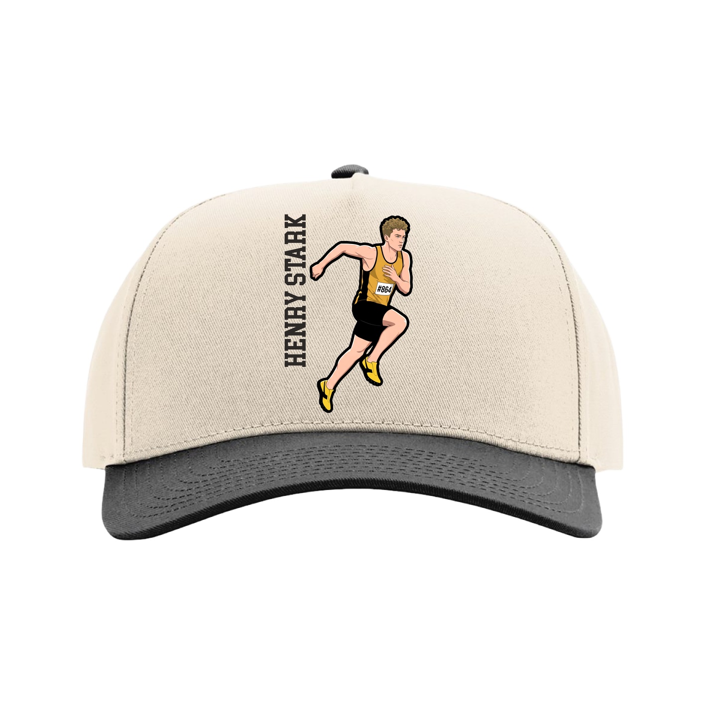 Full Fabric Five-Panel Champ Cap — Name Vertical in Cream/Black