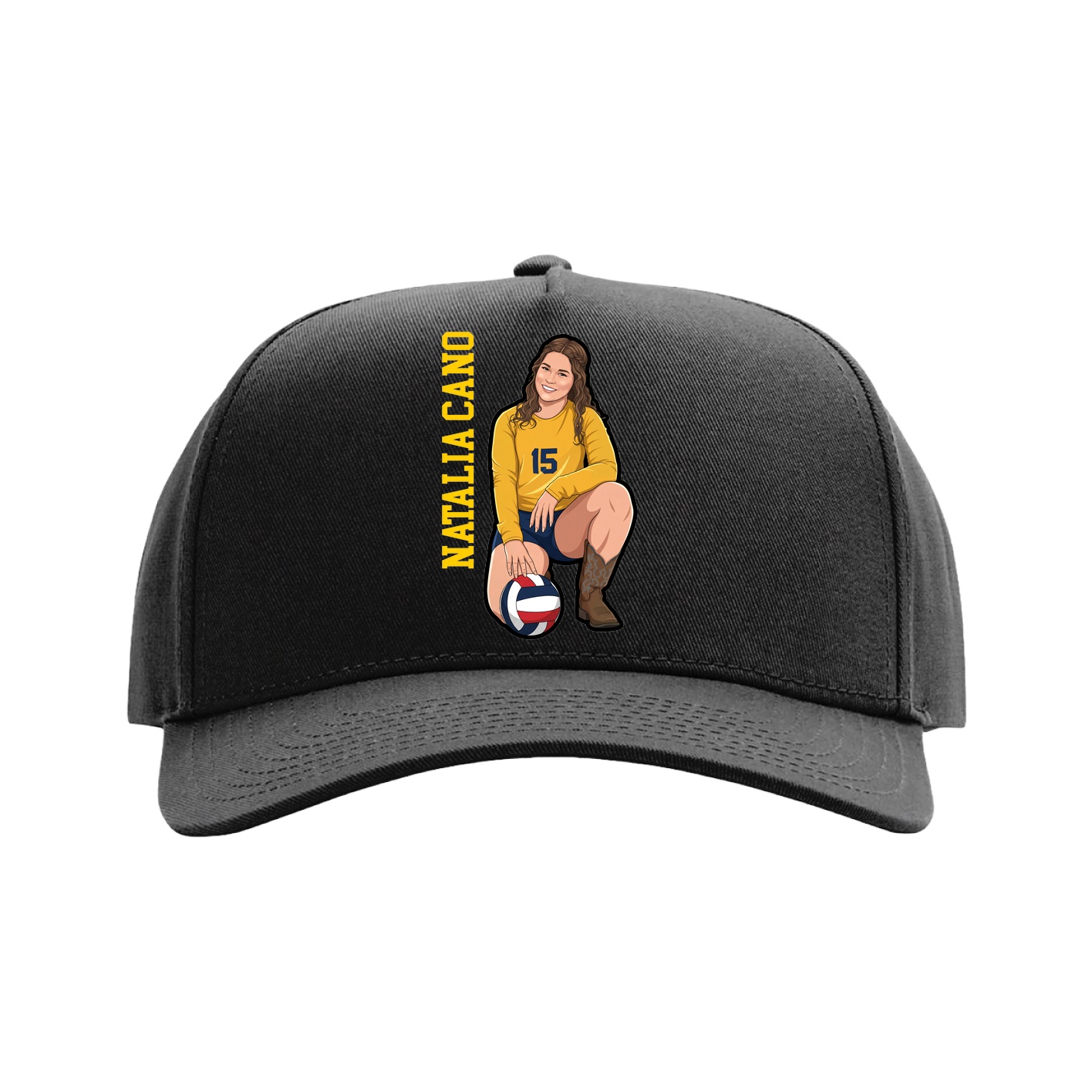 Full Fabric Five-Panel Champ Cap — Name Vertical in Black