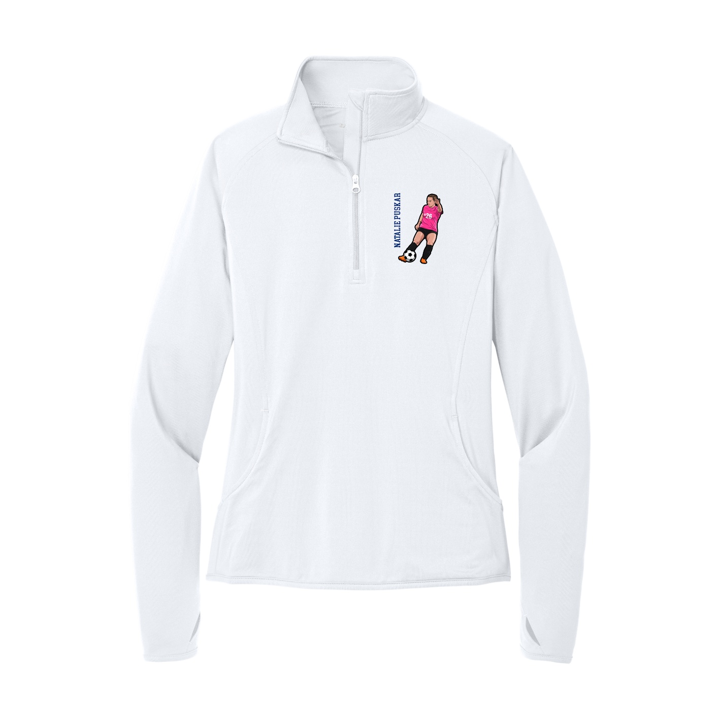 Women's Q-Zip Pullover — Name Vertical in White