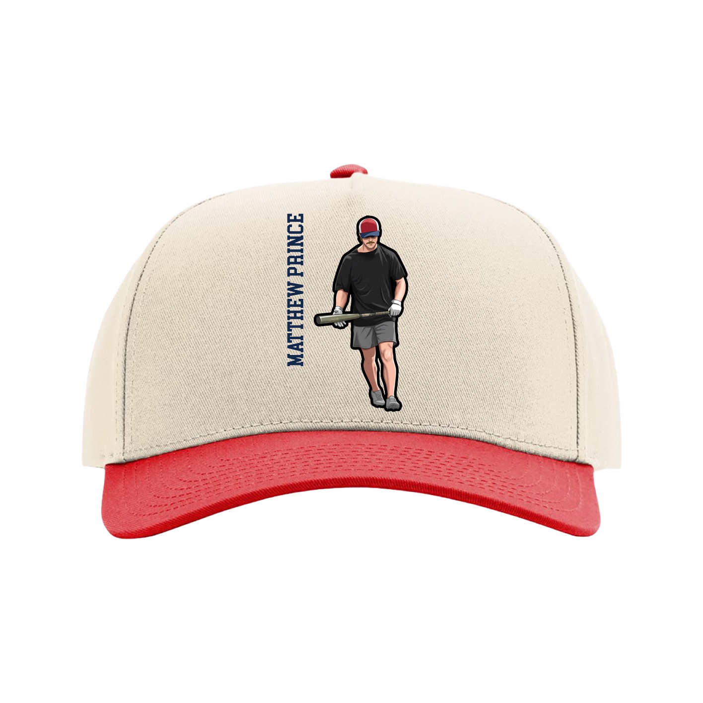 Full Fabric Five-Panel Champ Cap — Name Vertical in Cream/Red