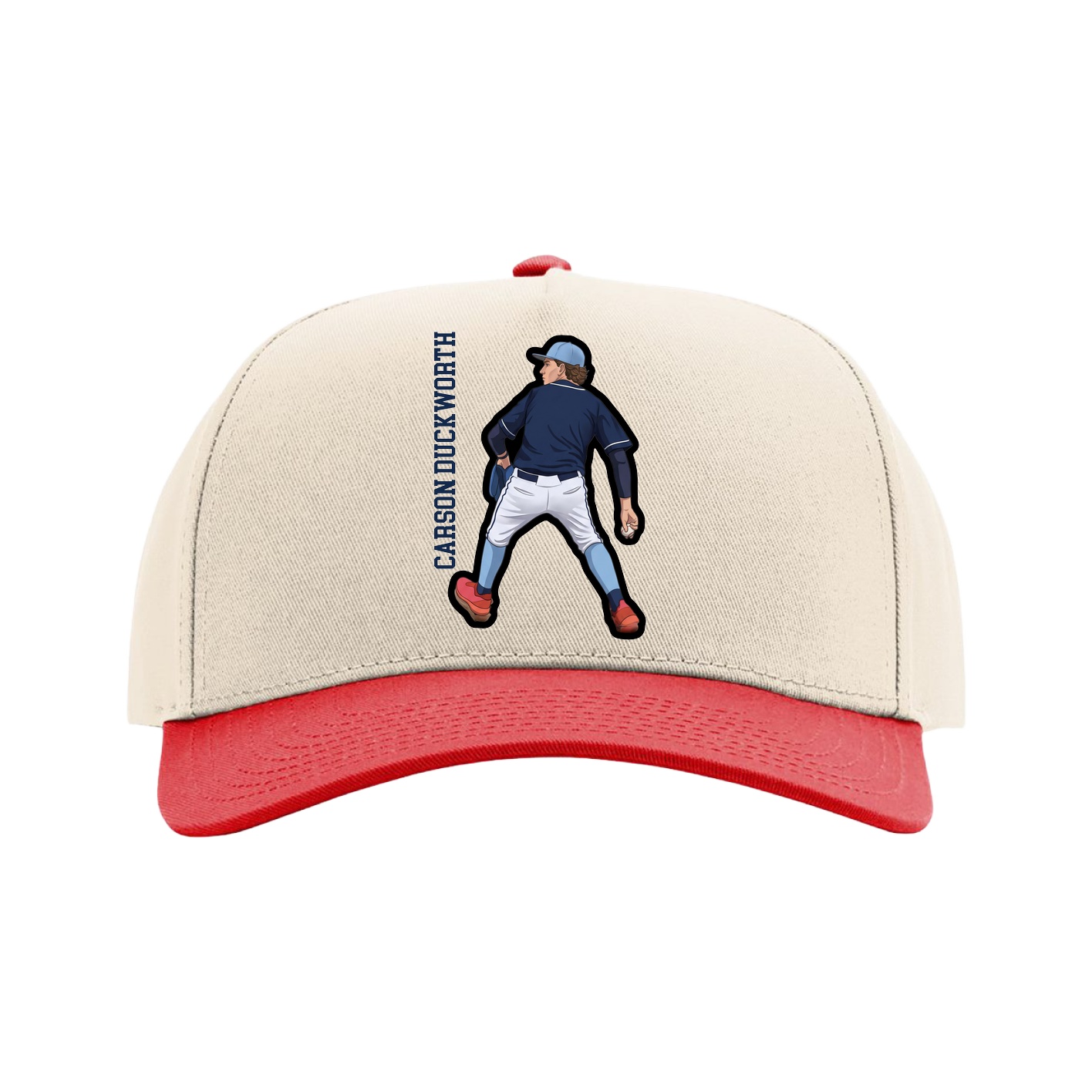 Full Fabric Five-Panel Champ Cap — Name Vertical in Cream/Red
